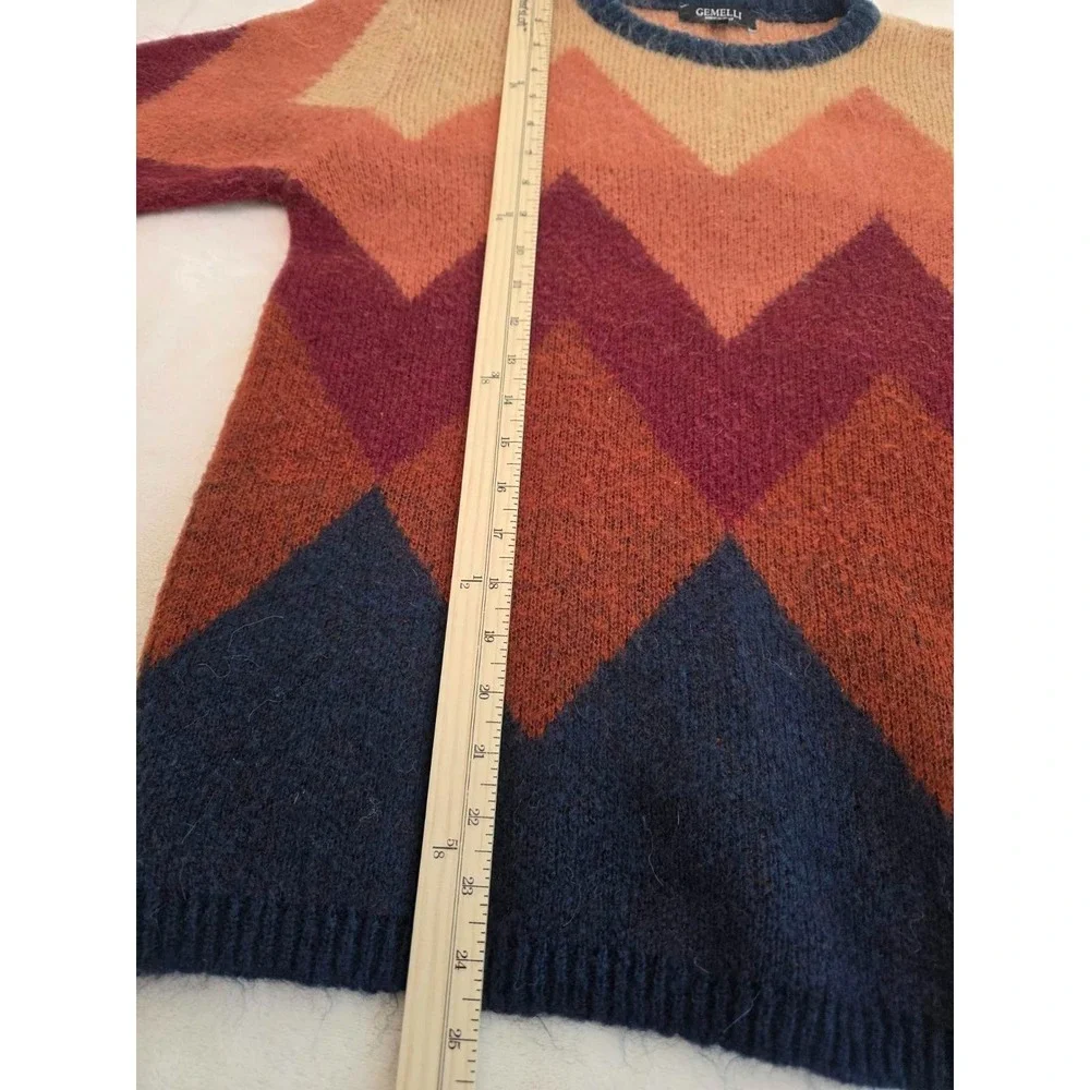 Gemelli Sweater Size‎ S Italian Mohair Brown Blue Red Chevron Pattern Crewneck